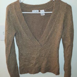 Energie size Medium v-neck sweater top gold brown tan sparkle